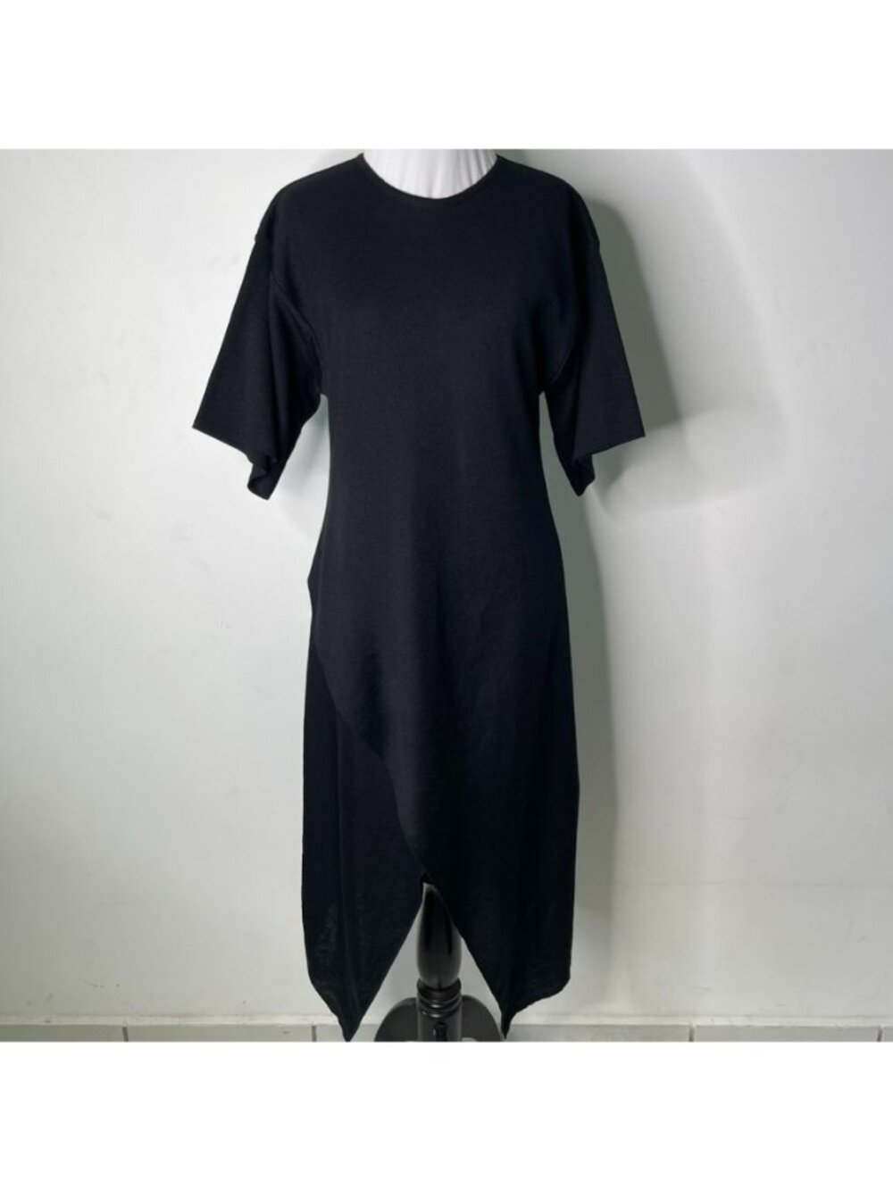 Marcella NYC Koya Tunic Dress Black Short Sleeve Asymmetric Faux Wrap Midi M